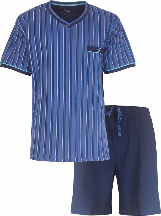 Paul Hopkins Heren Shortama - Pyjama Set - Verticale Streep - 100% Katoen - Blauw- Maat 3XL