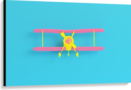 Canvas - Vooraanzicht van Roze met Geel Zweefvliegtuig op Felblauwe Achtergrond - 120x80 cm Foto op Canvas Schilderij (Wanddecoratie op Canvas)
