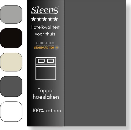 Sleeps Zacht Katoenen Topper Hoeslaken Antraciet 160x220 cm - Glad Katoen - Perfecte Pasvorm - Heerlijk Zacht