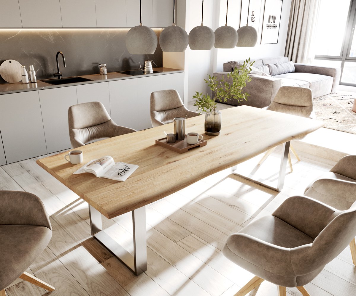 DELIFE Eettafel Edge Eiche natuur 260x100x2,5-3 edelstaal smal Live-Edge Bruin