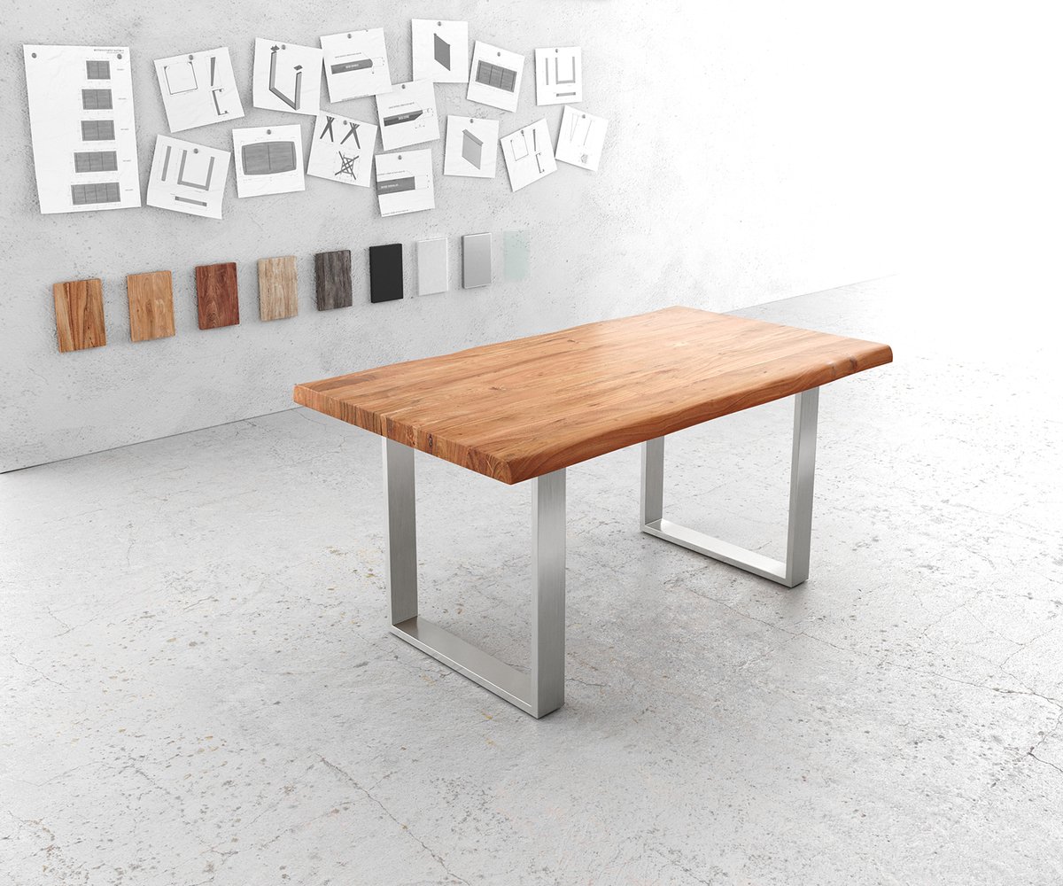 DELIFE Eettafel Edge acacia natuur 160x90 XL edelstaal smal Live-Edge Bruin