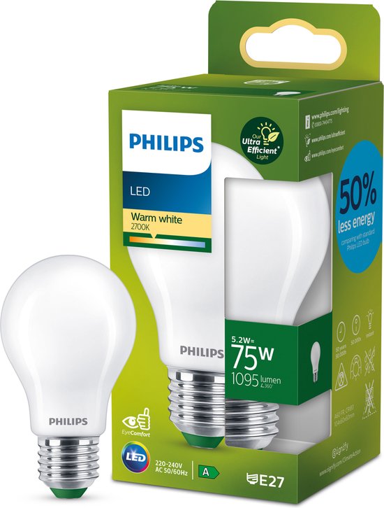 Lampe LED Philips Ultra Efficient - 75W - E27 - lumière blanc chaud