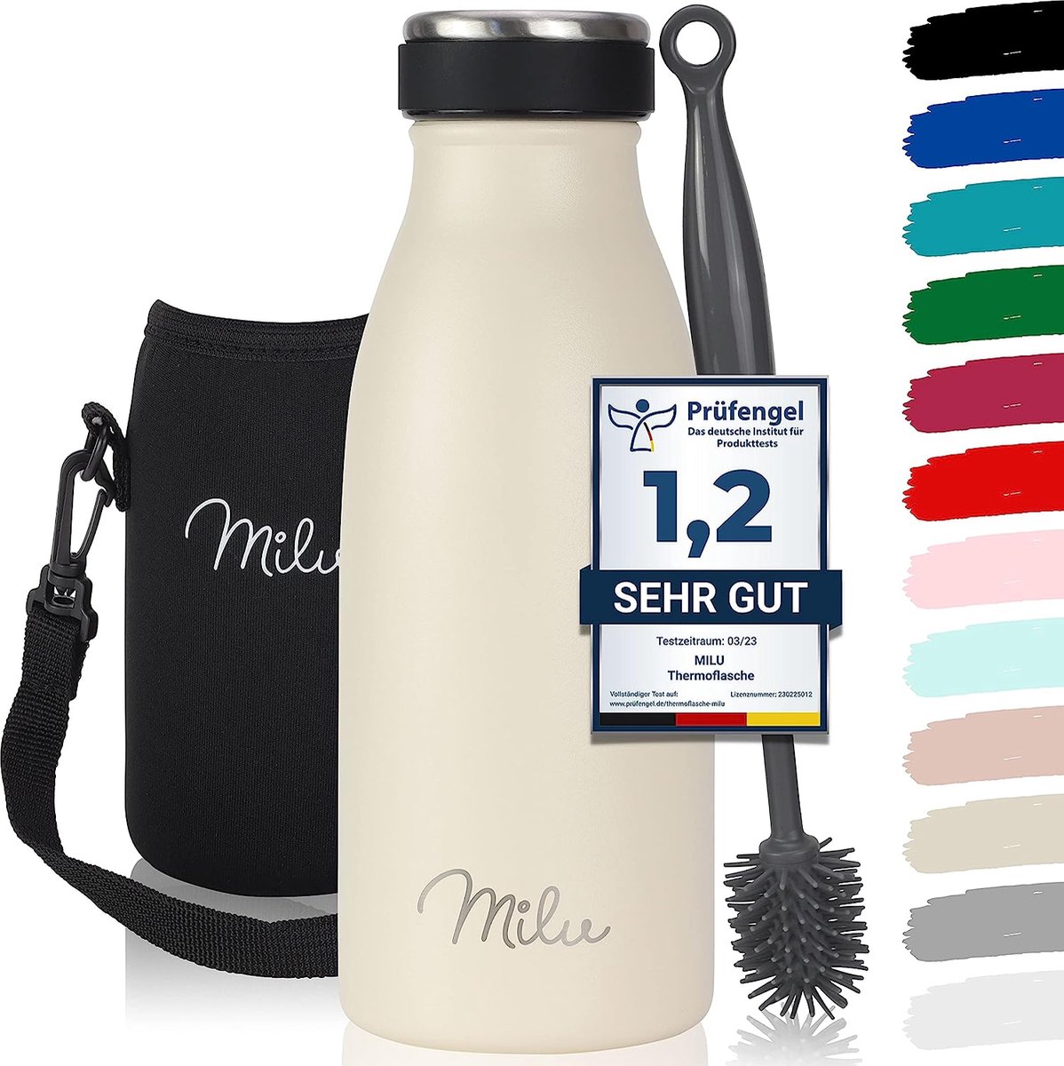 Roestvrijstalen drinkfles, 350 ml, 500 ml, 750 ml, 1000 ml, thermosfles voor kinderen en volwassenen, lekvrij, Geschikt voor koolzuurhoudende dranken – incl. reinigingsborstel (botercrème, 350 ml)