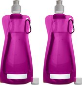 Bol.com Waterfles/drinkfles/sportbidon opvouwbaar - 2x - fuchsia roze - kunststof - 420 ml - schroefdop - karabijnhaak aanbieding