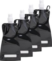 Waterfles/drinkfles/sportbidon opvouwbaar - 10x - zwart - kunststof - 420 ml - schroefdop - karabijnhaak