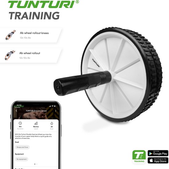 Buikspierwiel van Tunturi met zwarte handvatten, dubbel wit wiel en zwarte rand. Met uitleg over oefeningen en de Tunturi training app.