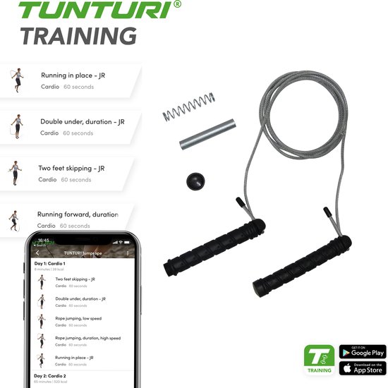 Verstelbaar fitness springtouw met stalen kabel en een app met oefeningen.