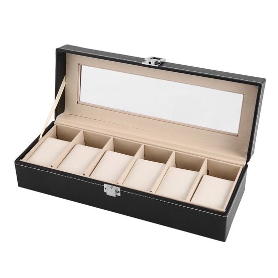 Boîte à montres de Luxe - Boîte de rangement - 6 compartiments - Boîte à bijoux - Coffre - Doublure en velours - Coussins amovibles - Boîte à montres - Cuir - Cuir - Zwart