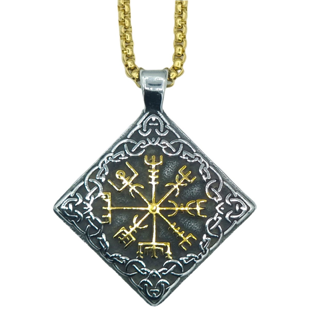 Tesoro Mio Michel - Viking Ketting Met Vegvisir Hanger – Edelstaal In Kleur Goud & Zilver - L 60 cm, B 3 mm - Hanger 4.2 x 4.2 cm