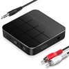 Zwarte vierkante adapter met rasterpatroon, met RX/TX schakelaar, audiokabel input en oplaadpoort. Inclusief 3.5mm jack en RCA audiokabels.