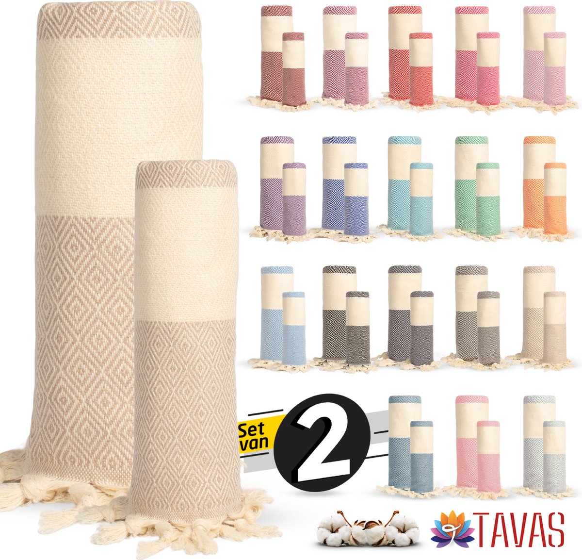 Rome Set van 2 | Hamamdoek 100x180 cm en Handdoek 50x90 cm 100% Katoen Spa Backpack Sauna Strandlaken Beige