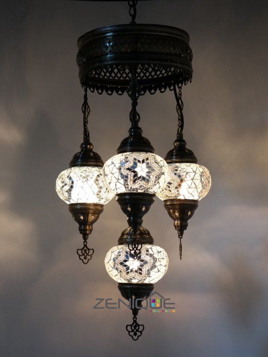 Lampe turque - Suspension - Lampe mosaïque - Lampe marocaine - Lampe orientale - ZENIQUE - Authentique - Handgemaakt - Lustre - blanc - 4 ampoules