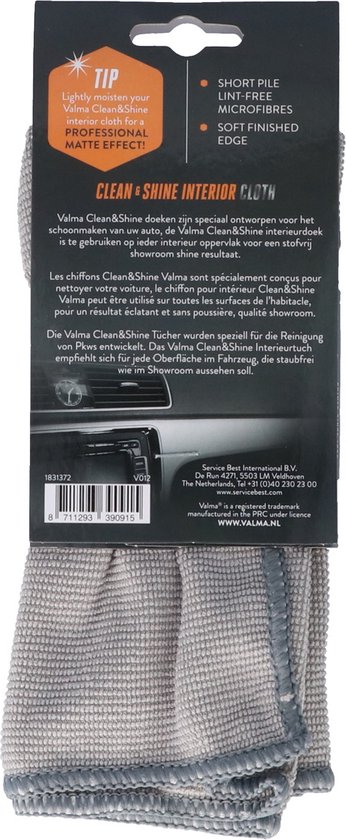 Dos de l'emballage Valma chiffon microfibre intérieur, avec informations produit et image d'un intérieur de voiture.