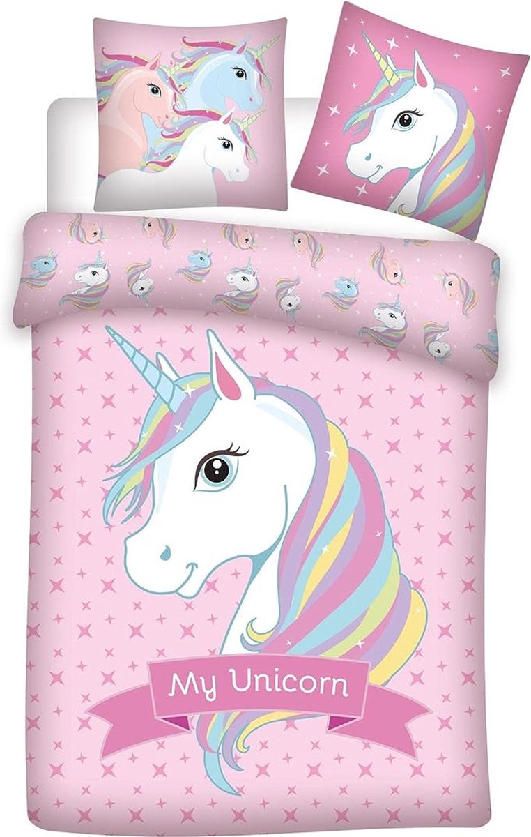Beddengoed, eenhoorn, roze, dekbedovertrek 140 x 200 cm + kussensloop 65 x 65 cm, 100% polyester
