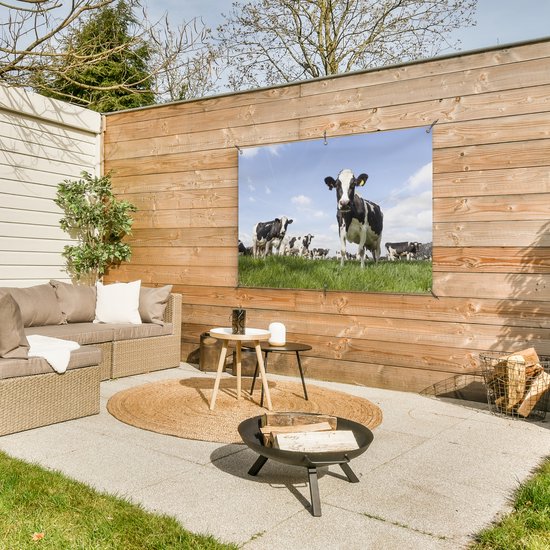 Tuinposter koeien - Tuindecoratie dieren - 120x80 cm - Tuindoek Friesland - Muurdecoratie voor buiten - Schuttingposter - Tuinschilderijen - Tuinwanddecoratie gras - Tuinposters