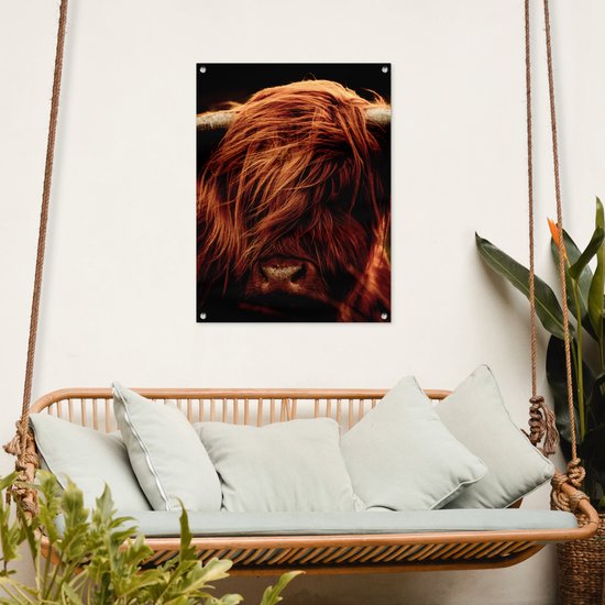 Tableau de jardin Scottish Highlander - Vache - Cornes - Portrait - Animaux - 60x80 cm - Affiche jardin - Toile jardin - Affiche extérieur