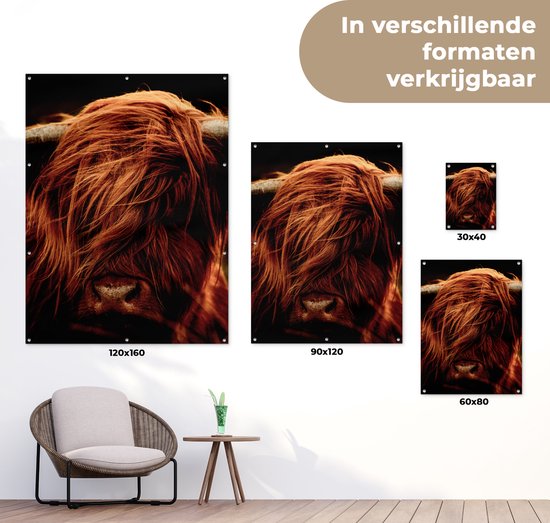 Tableau de jardin Scottish Highlander - Vache - Cornes - Portrait - Animaux - 60x80 cm - Affiche jardin - Toile jardin - Affiche extérieur