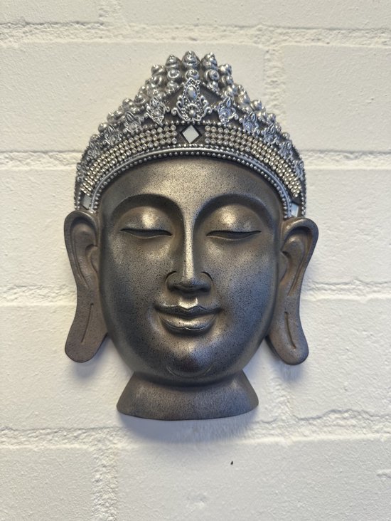 Decoratieve Boeddha voor aan de wand - bronskleurig"+ steentjes - hoogte 23 cm x 18 x 2.5 cm - polyresin - Woonaccessoires - Decoratieve beelden
