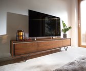 Meuble TV Stonegrace placage pierre marron acacia 200 cm 4 portes pied V meuble TV noir