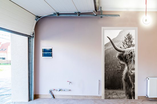 Sticker pour porte Highlander écossais - Taureau - Zwart - Wit - 80x205 cm - Affiche de porte