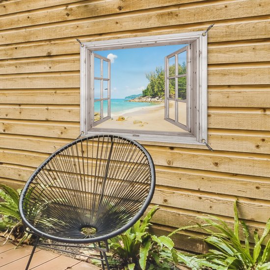 Tuinposter 80x60 cm - Tuindecoratie Doorkijk - Strand - Zand - Poster voor in de tuin - Buiten decoratie - Schutting tuinschilderij - Tuindoek muurdecoratie - Wanddecoratie balkondoek