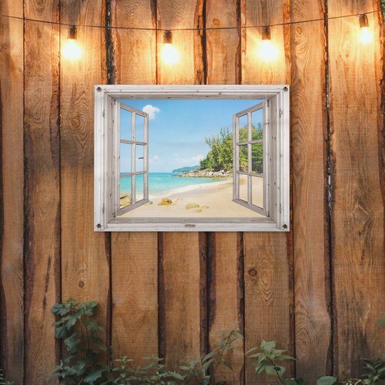Tuinposter 80x60 cm - Tuindecoratie Doorkijk - Strand - Zand - Poster voor in de tuin - Buiten decoratie - Schutting tuinschilderij - Tuindoek muurdecoratie - Wanddecoratie balkondoek
