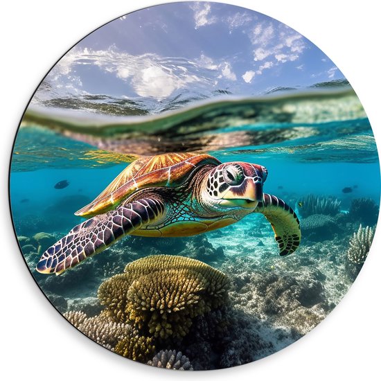 Dibond Muurcirkel - Bruine schildpad zwemt door de zee met koraal - 50x50 cm Foto op Aluminium Muurcirkel (met ophangsysteem)