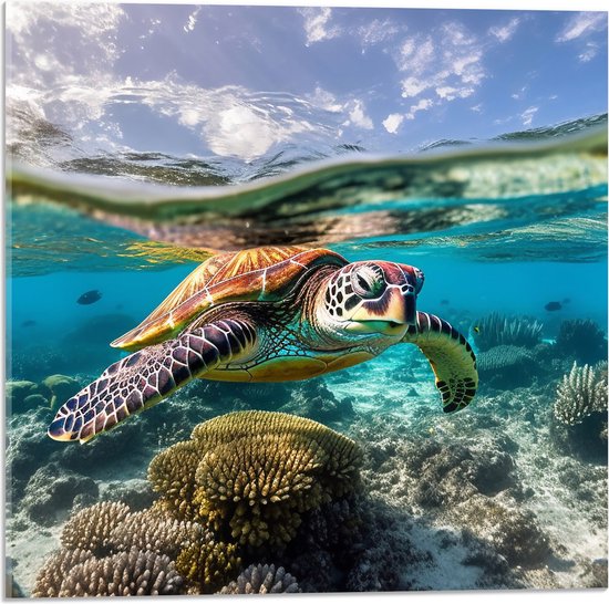 Acrylglas - Bruine schildpad zwemt door de zee met koraal - 50x50 cm Foto op Acrylglas (Wanddecoratie op Acrylaat)