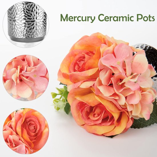 Fleurs artificielles en soie en pot, fleurs artificielles d'hortensia en soie rose artificielle rose avec pot, fausses compositions florales en pot en céramique, soie de fleur réaliste pour salon bureau décoration table cuisine