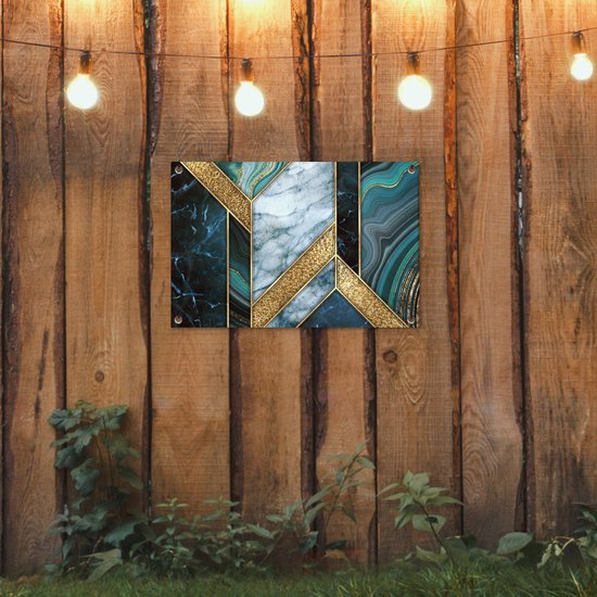 Tuinposter 60x40 cm - Tuindecoratie Marmer - Mozaïek - Goud - Poster voor in de tuin - Buiten decoratie - Schutting tuinschilderij - Tuindoek muurdecoratie - Wanddecoratie balkondoek