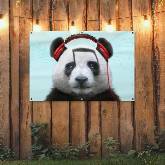 Affiche jardin - Toile jardin - Posters de jardin extérieur - Panda - Casque - Animal - Notes de musique - Rouge - 120x80 cm - Jardin