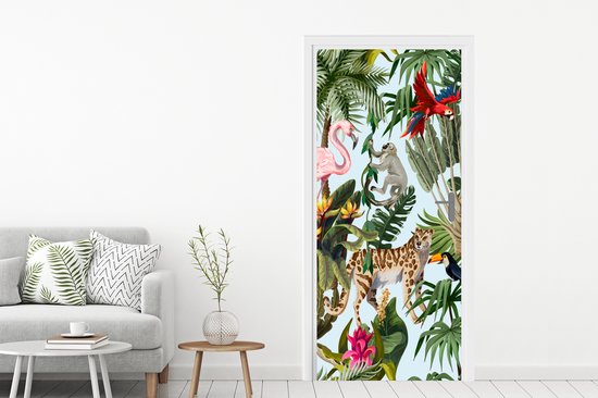 Sticker de porte Jungle - Animaux - Filles - Enfants - Garçons - Flamingo - Perroquet - 80x205 cm - Poster de porte