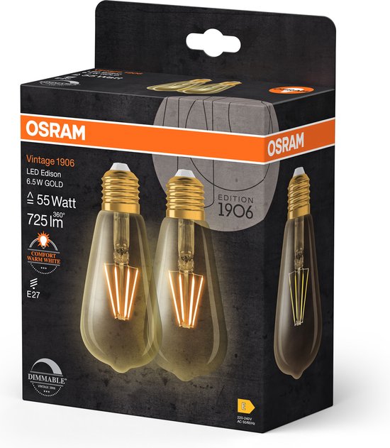 OSRAM 4058075754713 LED-lamp Energielabel E (A - G) E27 Ballon 6.5 W = 55 W Warmwit (Ø x h) 64 mm x 64 mm 2 stuk(s)