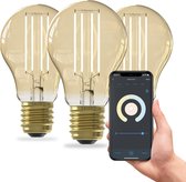 Calex Slimme LED Lamp - Set van 3 stuks - Wifi Filament Verlichting - E27 - Smart Lichtbron Goud - Dimbaar - Warm Wit licht - 7W