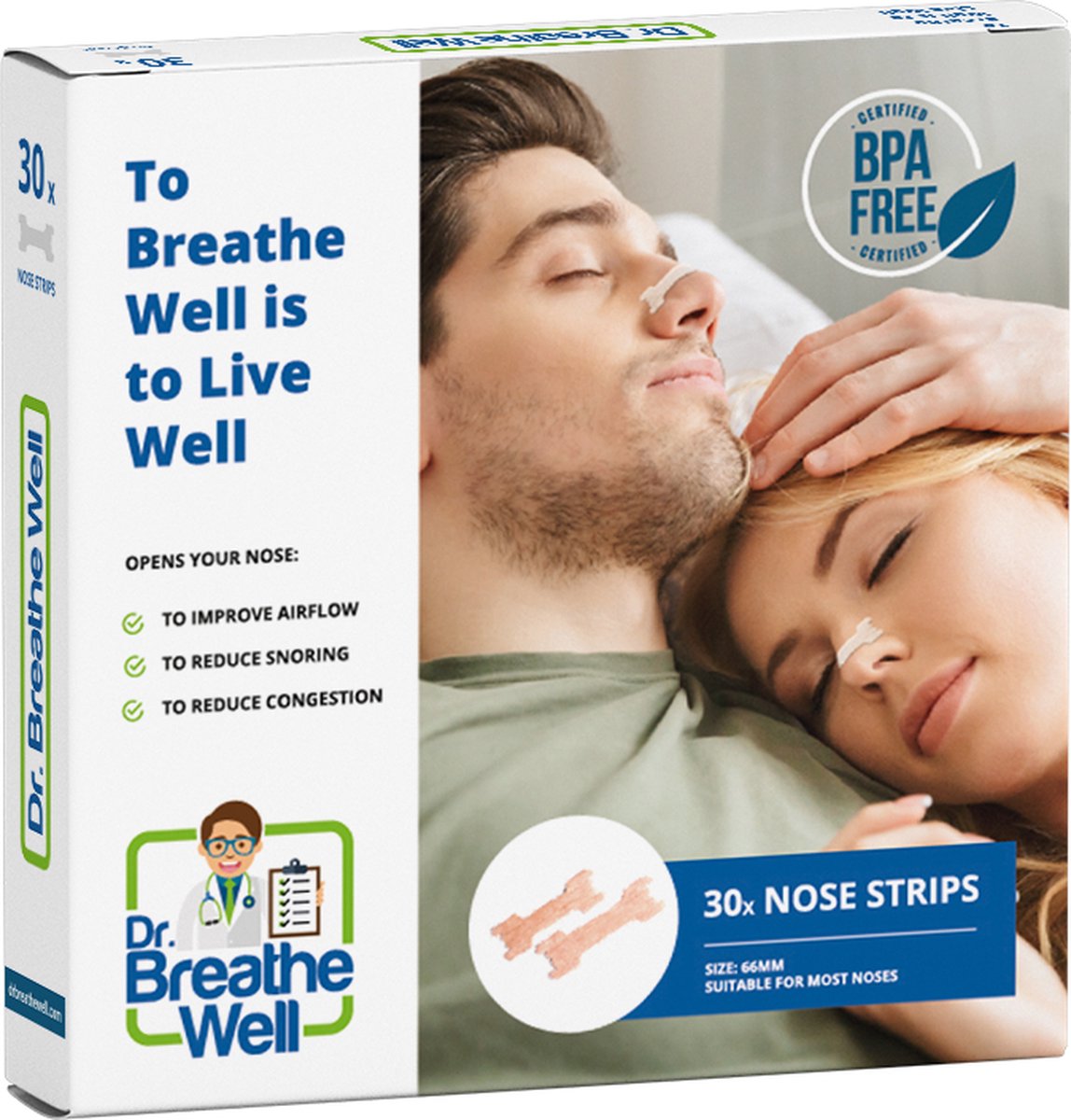 Dr. Breathe Well ™ - 30 Neuspleisters - Maat 66mm medium/large - Anti Snurk Pleisters - 30 Neusstrips - Sterke kleefstof - Anti Snurk Producten - Eenvoudig te verwijderen - Simply the right choice! op Prijzenvolger.com