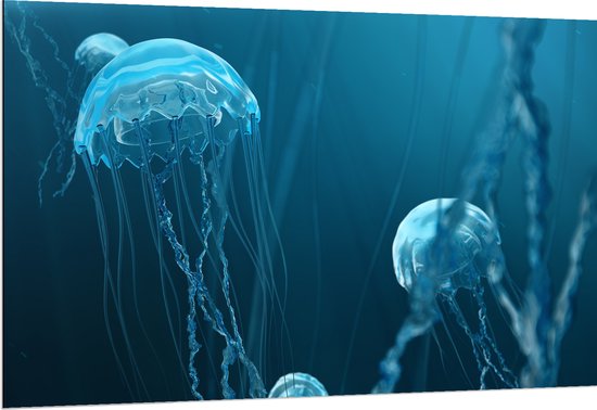 Dibond - Blauwe kwallen zwemmen door de zee heen - 150x100 cm Foto op Aluminium (Met Ophangsysteem)