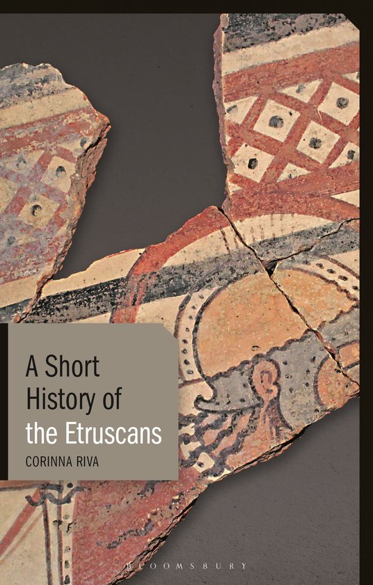 Boekomslag met fragmenten van Etruskische potten, met rood, zwart en wit patroon. Titel: A Short History of the Etruscans.