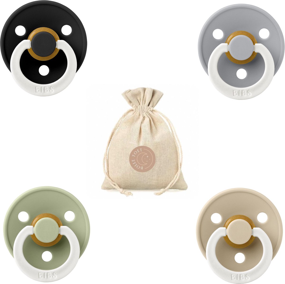 Goedkoopste BIBS fopspenen T2 speenzakje BolleToet - Glow in the dark black, vanilla, sage en cloud - 6-18 maanden