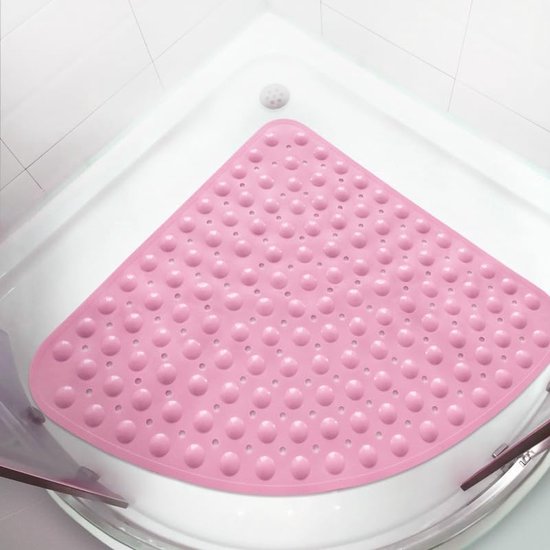 Tapis de douche antidérapant triangulaire, 54 x 54 cm tapis de bain de sécurité confort doux avec trous de drainage, tapis de bain antibactérien de massage en PVC pour baignoire et pièces humides (rose)
