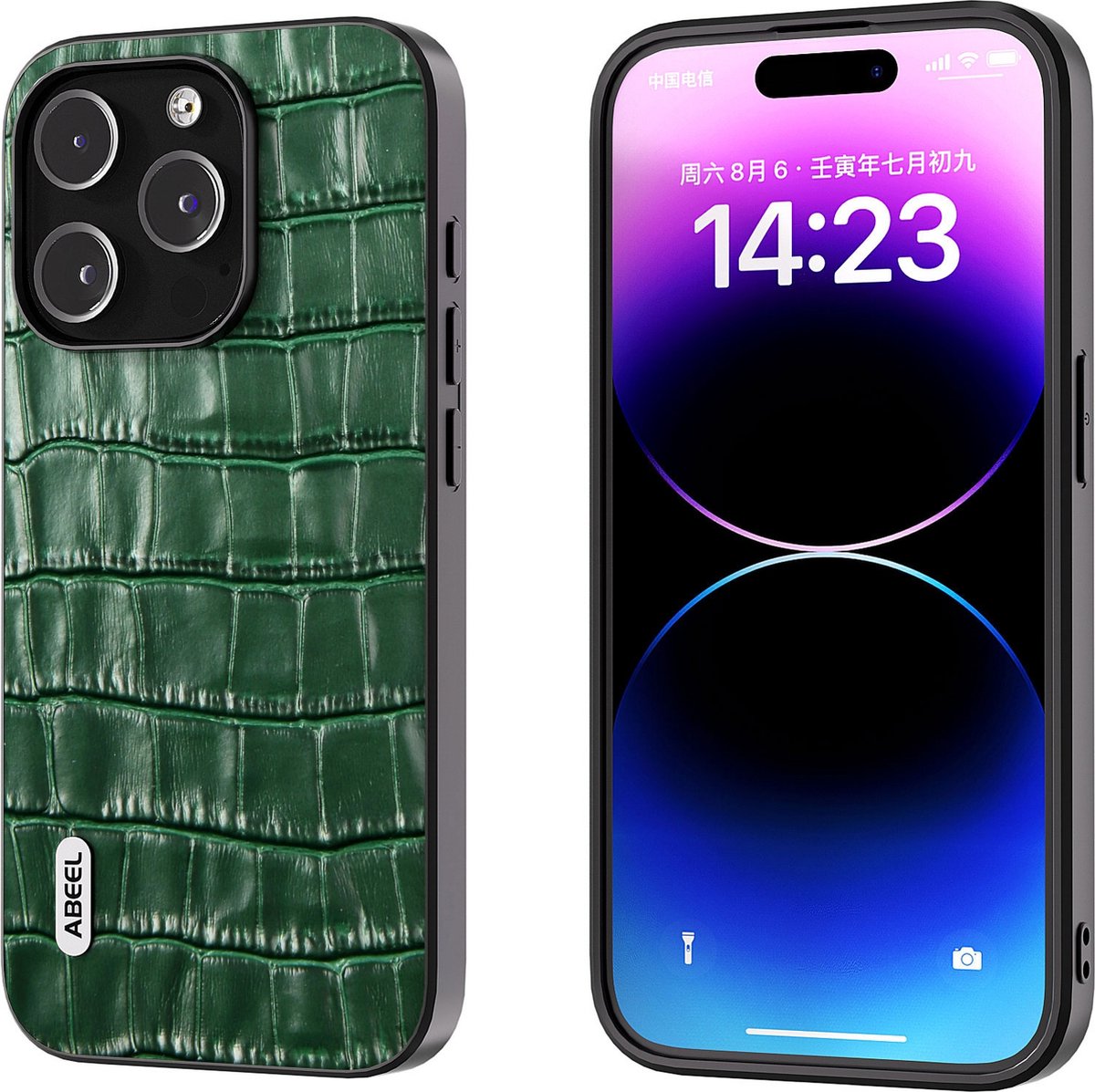 ABEEL lederen telefoonhoesje voor iPhone 14 Pro Max met Groene krokodillenprint
