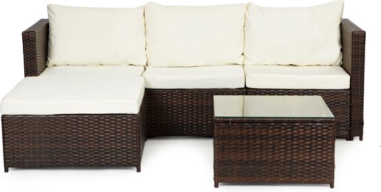 Loungeset tuinmeubels - polyrattan - hoekbank en tafel - bruin, wit