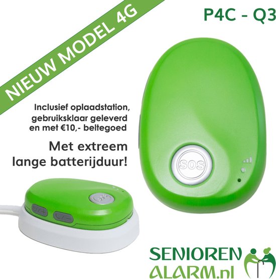 Foto: Alarmknop 4g groen voor ouderen zonder abonnement inclusief oplaadstation senioren alarm paniekknop valalarm persoonsalarm