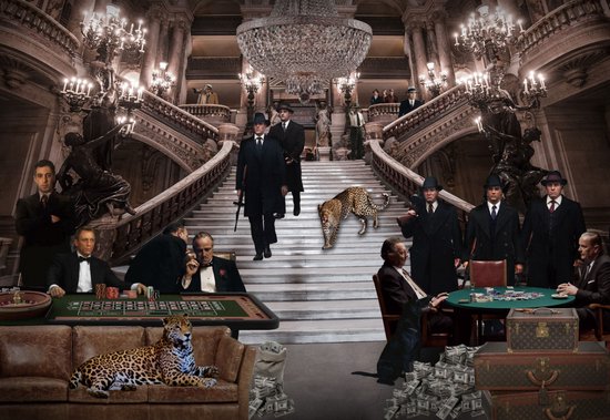 Glasschilderij Maffia 'La Familia' - James Bond -Maffia-Gangsters- Don Corleone - Luipaard -Panter-  120x80cm