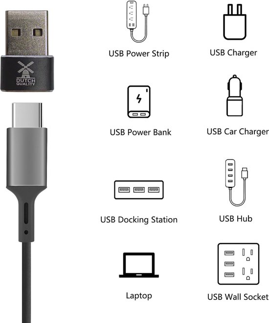 USB-A naar USB-C adapter met oplaadkabel, omringd door pictogrammen van diverse USB-apparaten.