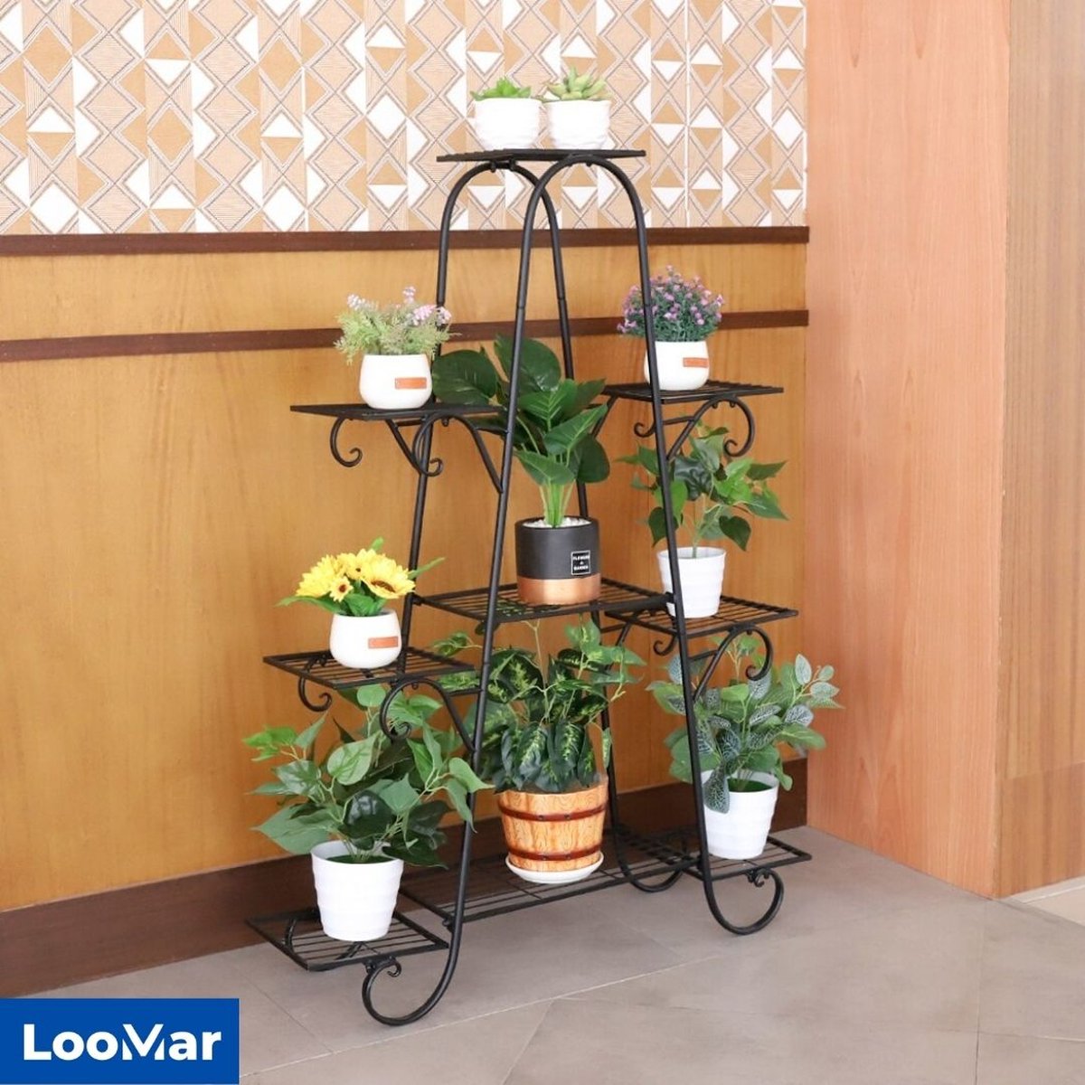 LooMar Plantentafel - Plantenrek – Plantenstandaard / Plantenhouder - Plantentrap - Geschikt voor binnen en buiten - Ijzer - Zwart