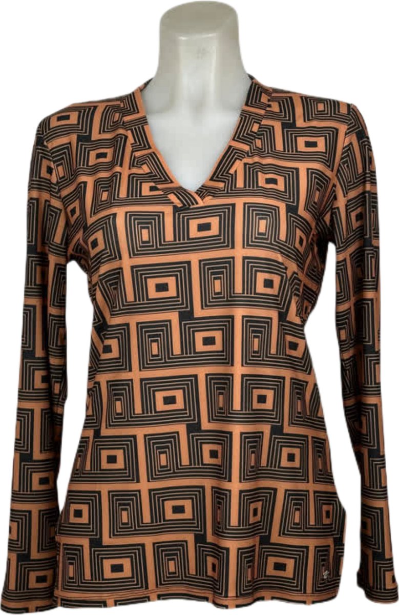 Angelle Milan – Travelkleding voor dames – Bruin/Zwarte Patroon blouse – Ademend – Kreukvrij – Duurzame Jurk - In 5 maten - Maat L