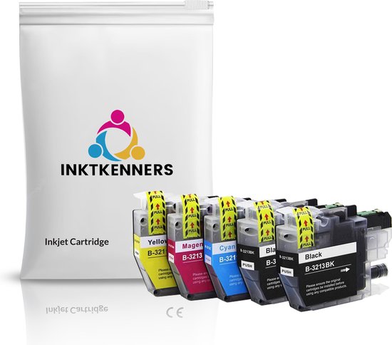 Verpakking met Inktkenners inkjet cartridges: geel, magenta, cyaan, zwart en extra zwart. CE-markering.