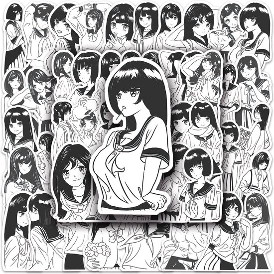 JK kostuum Stickers - 50 zwart/wit stickers met Japanse meisjes in schoolkostuum fashion - Anime - Winkrs