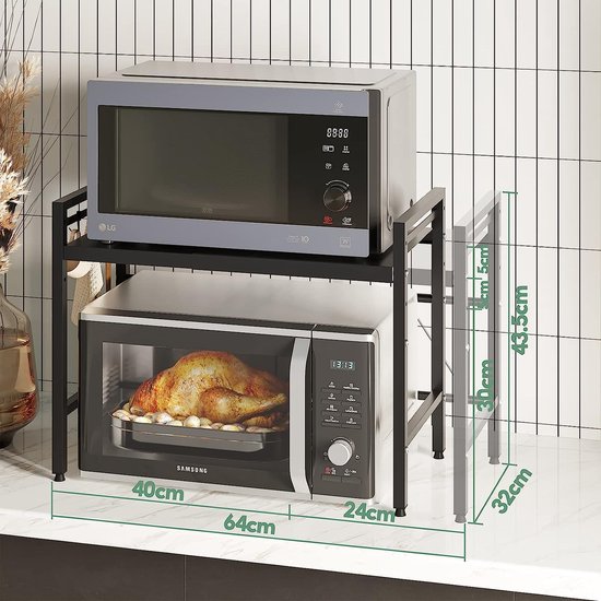 Meuble Rangement Plan De Travail Support Extensible En Métal Pour Four à Micro-ondes - Meuble De Rangement De Cuisine Réglable (simple Couche, Noir), Acier Carbone étagère Cuisine Ajustable Métal