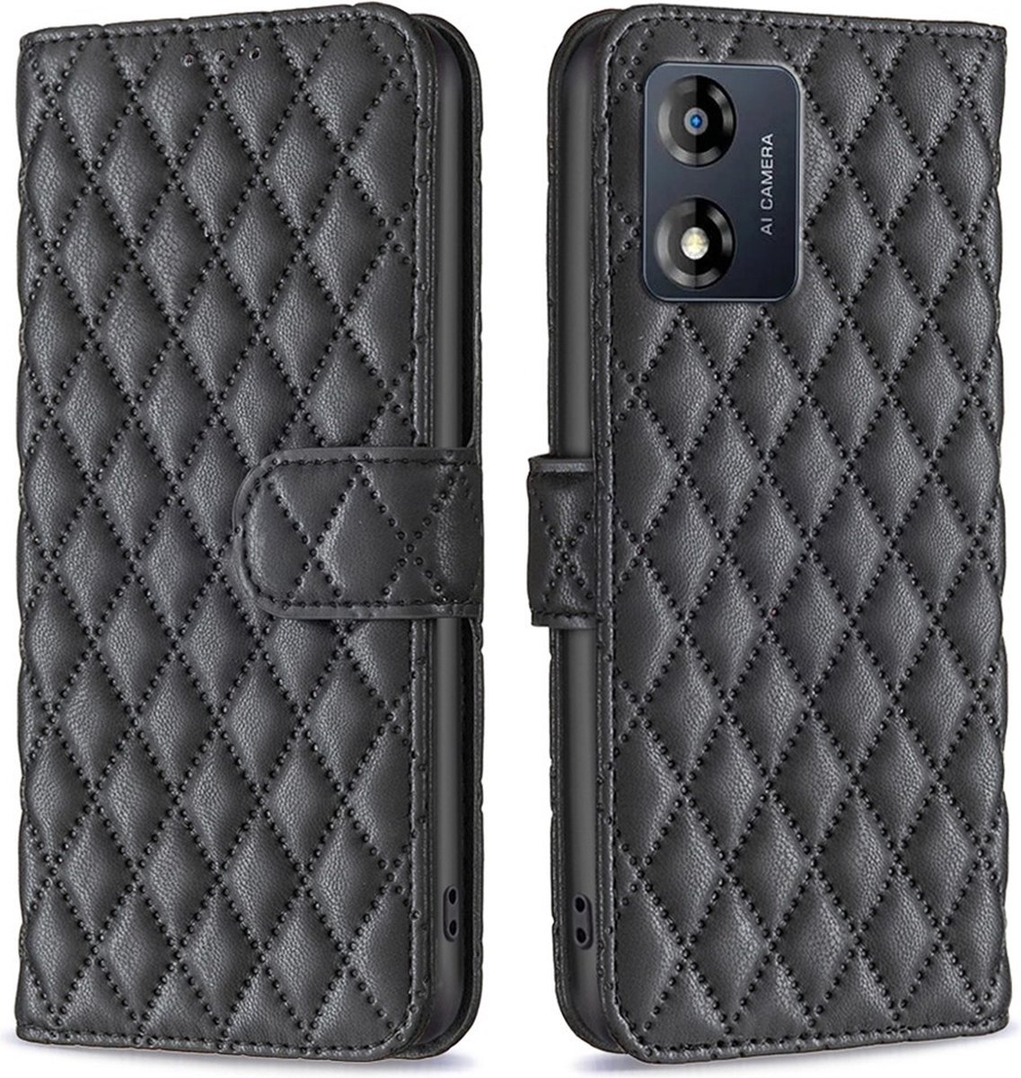 BINFEN Hoesje - Geschikt voor Motorola Moto E13 Hoesje - BINFEN Rhombus Book Case - Zwart